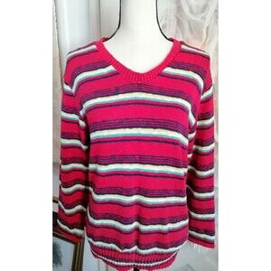 Women's Cotton V-Neck Red Blue White 3/4 Sleeve Striped Sweater M